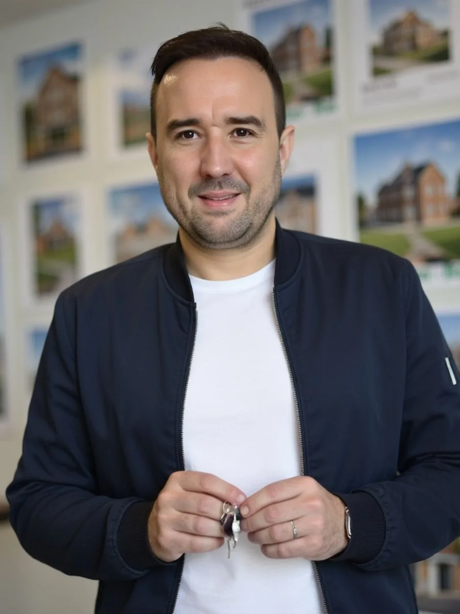 Christian Gottschling hält Schlüssel vor einer Wand mit Hausfotos